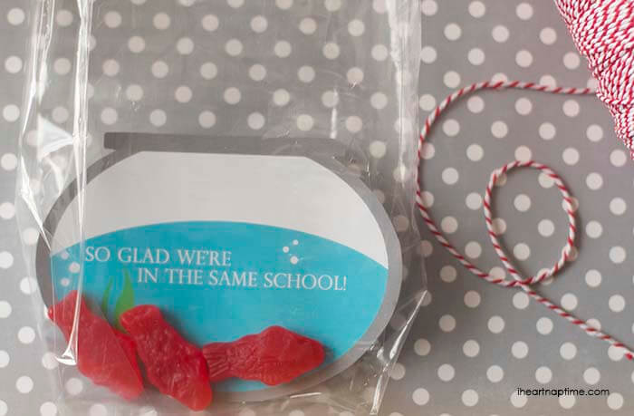 OMG these are too cute! "I'm glad we're in the same school" free Valentine printable from iheartnaptime.com . Print out and put in a plastic bag with Swedish fish or Goldfish. 