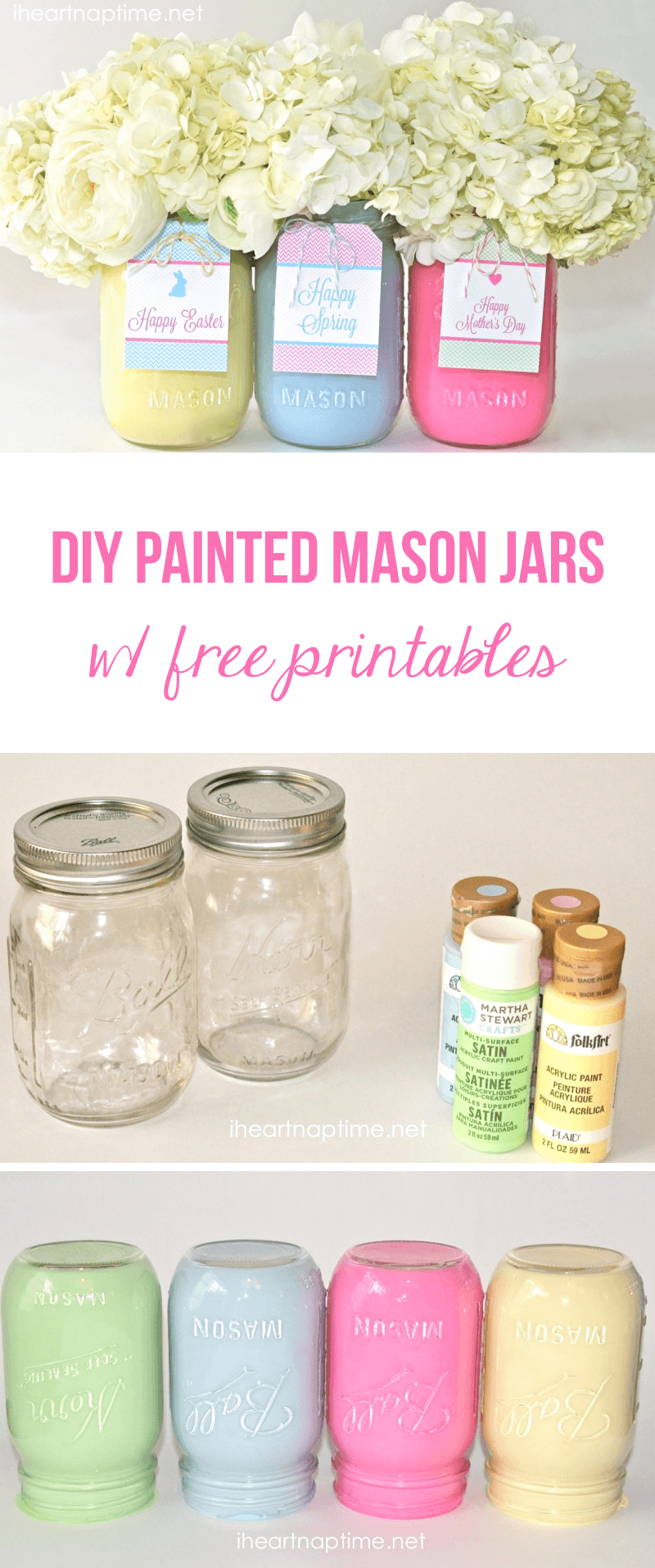  DIY painted mason jars with free tags -these make a cute and inexpensive gift for Easter or Mother's Day!
