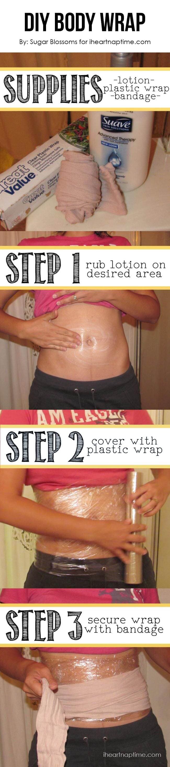 DIY body wrap on iheartnaptime.com with supplies you already have at home ...lose up to 1-2 inches overnight! 