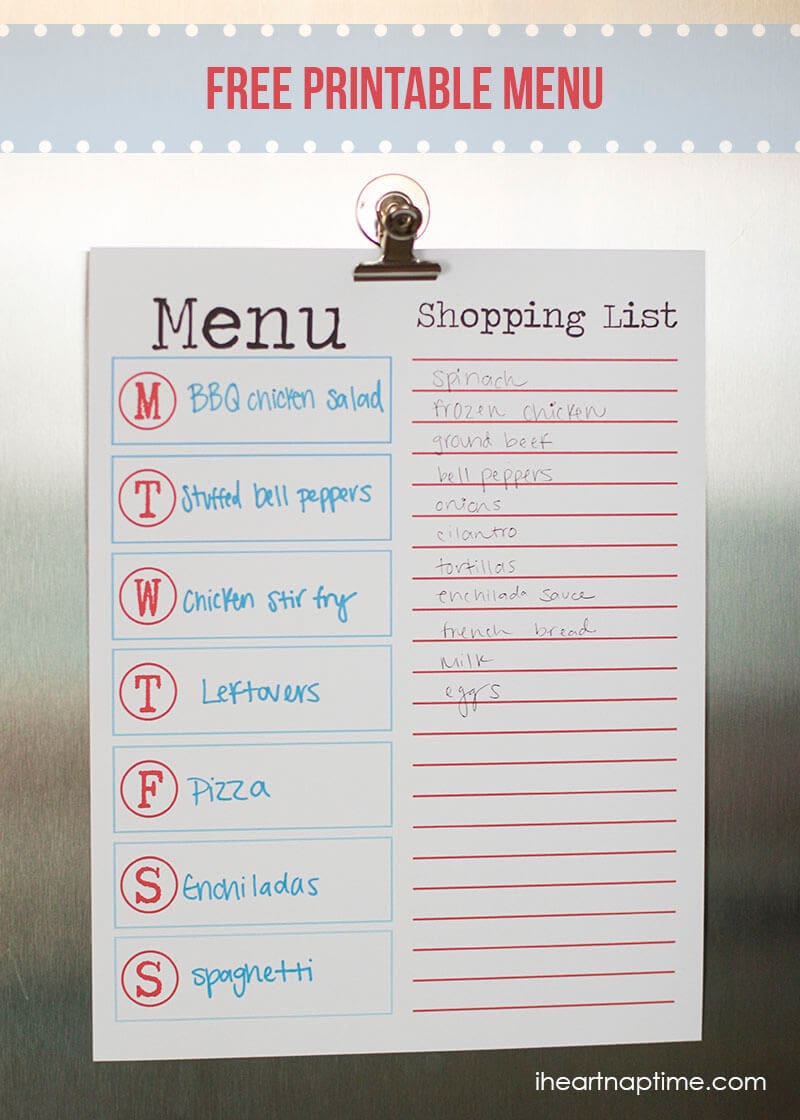 FREE Printable Menu + shopping list ...great way to stay organized each week.