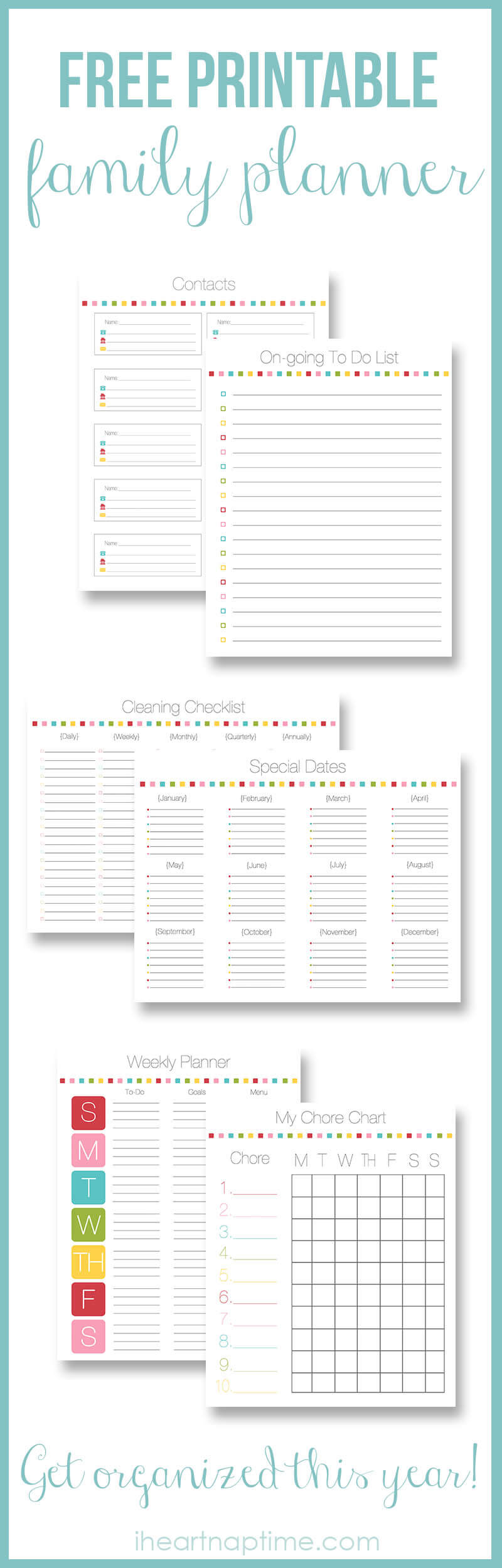 Free printable family planner on iheartnaptime.com ...includes free printables and tips to help you get organized this year! 