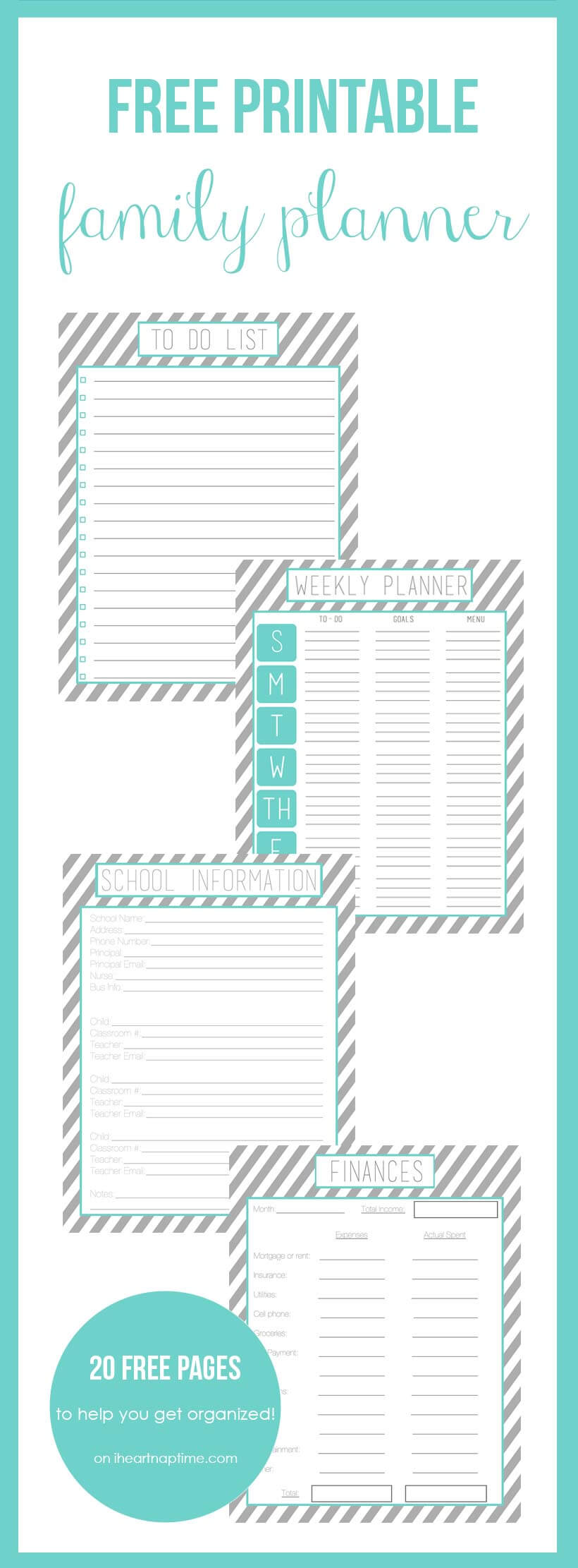 Free printable family planner on iheartnaptime.com -over 20 free printables to help you get organized! 