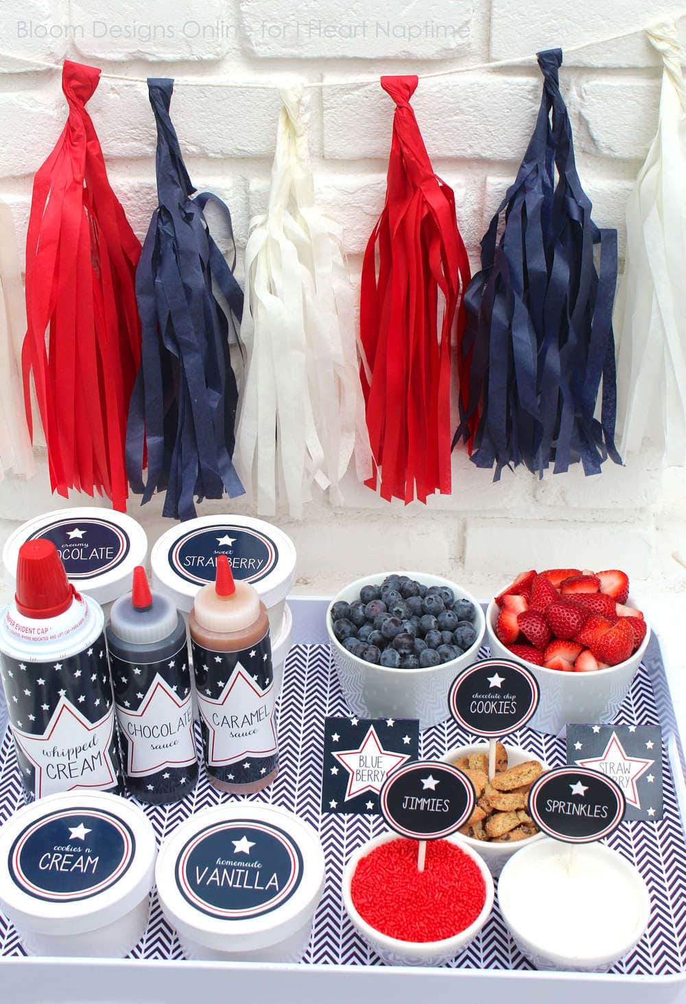 red, white and blue ice cream sundae bar