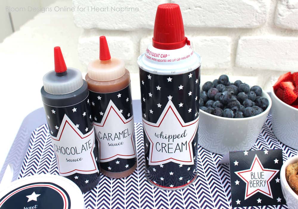 patriotic ice cream labels for chocolate sauce, caramel sauce and whipped cream 