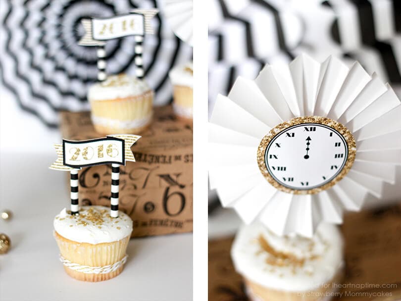 Black and Gold New Year Cupcake Toppers - free printable perfect for sparkling up your New Year's festivities! Perfect for topping cake or cupcakes, in timeless colors!