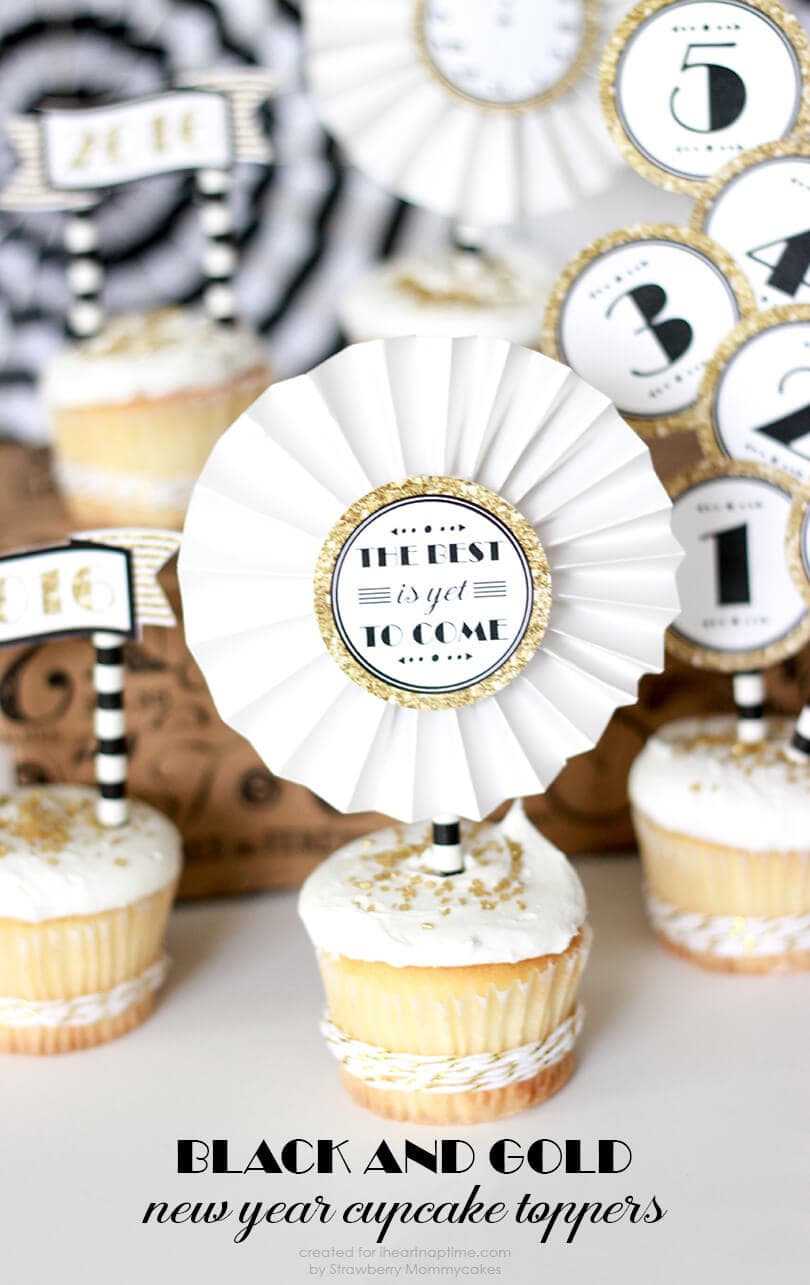 Black and Gold New Year Cupcake Toppers