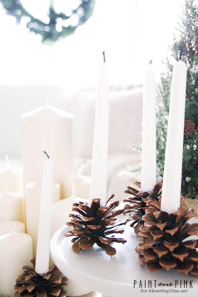 DIY Pine cone Candle Holders - elegant, understated, winter candle holders, perfect for bringing the outdoors in during the winter.