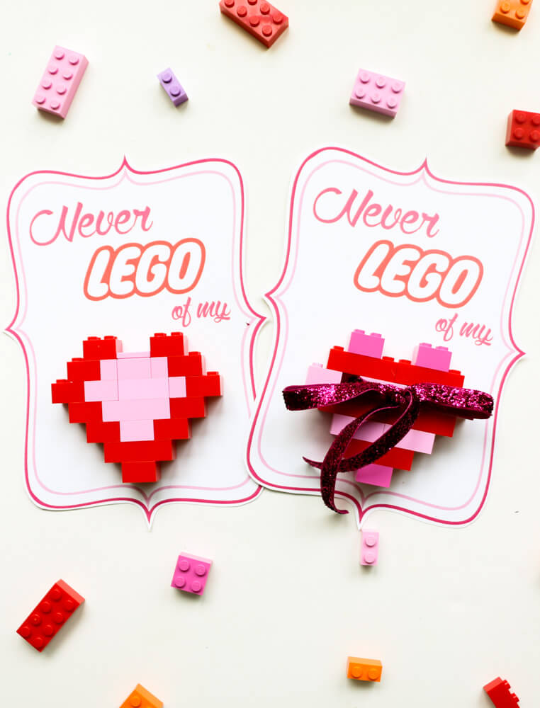 DIY LEGO Heart Valentines - The kids will love helping make these "Never LEGO of my" heart Valentines for their friends, with free printables included!