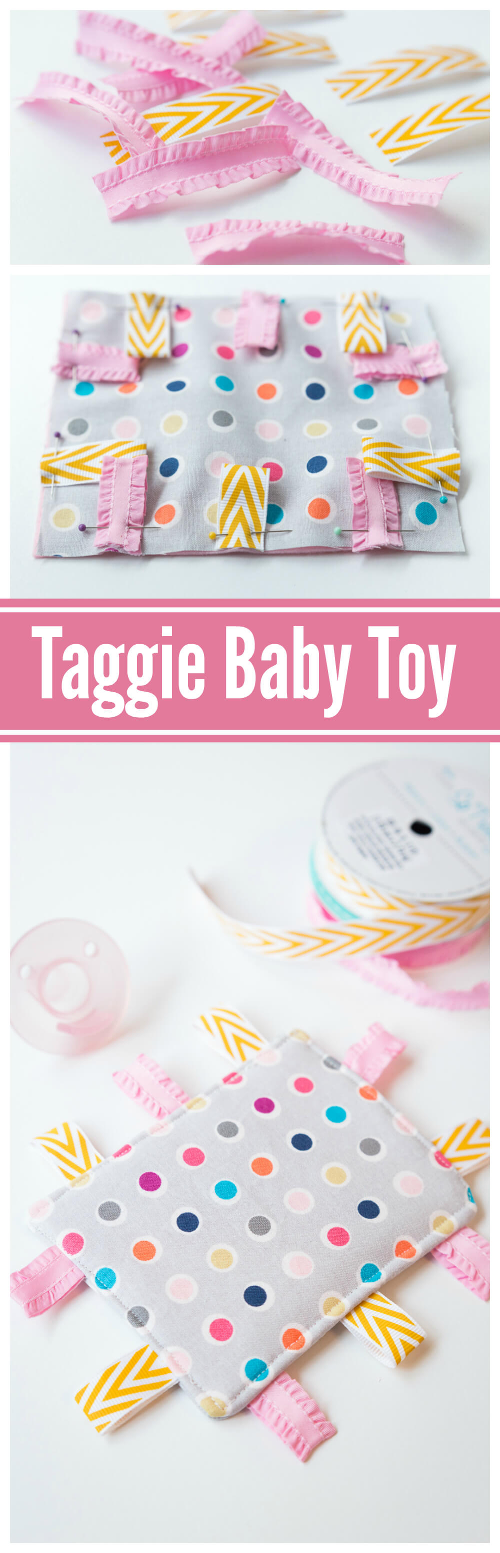 Taggie Baby Toy - a simple sewing project perfect for any new baby. Colorful ribbons and a bright pattern makes this a great sensory toy for your little one. 