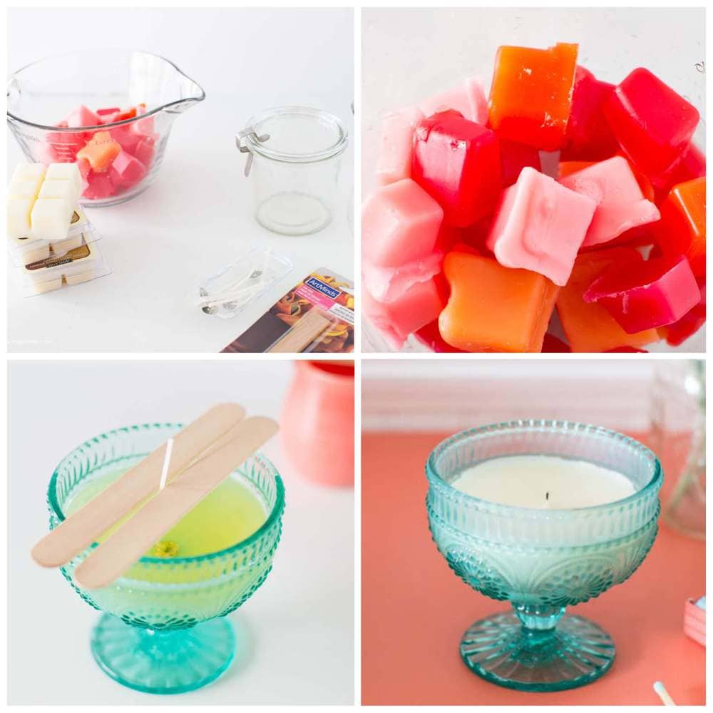 Homemade candles using cute jars and wax cubes. Super simple DIY craft to make and you can choose your own scent. Would make a nice Mother's Day gift. 