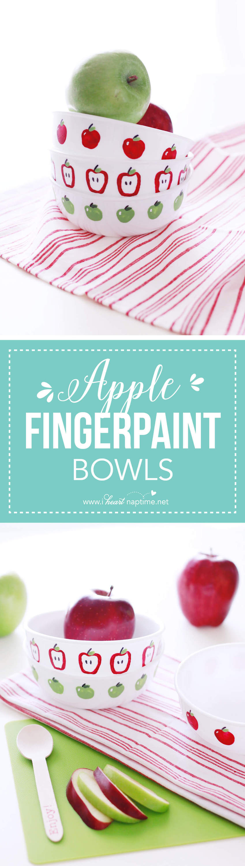 Apple Fingerpaint Bowls... fun finger paint DIY that you and your kids can enjoy making together! Makes a wonderful teacher gift or autumn decoration for your home.