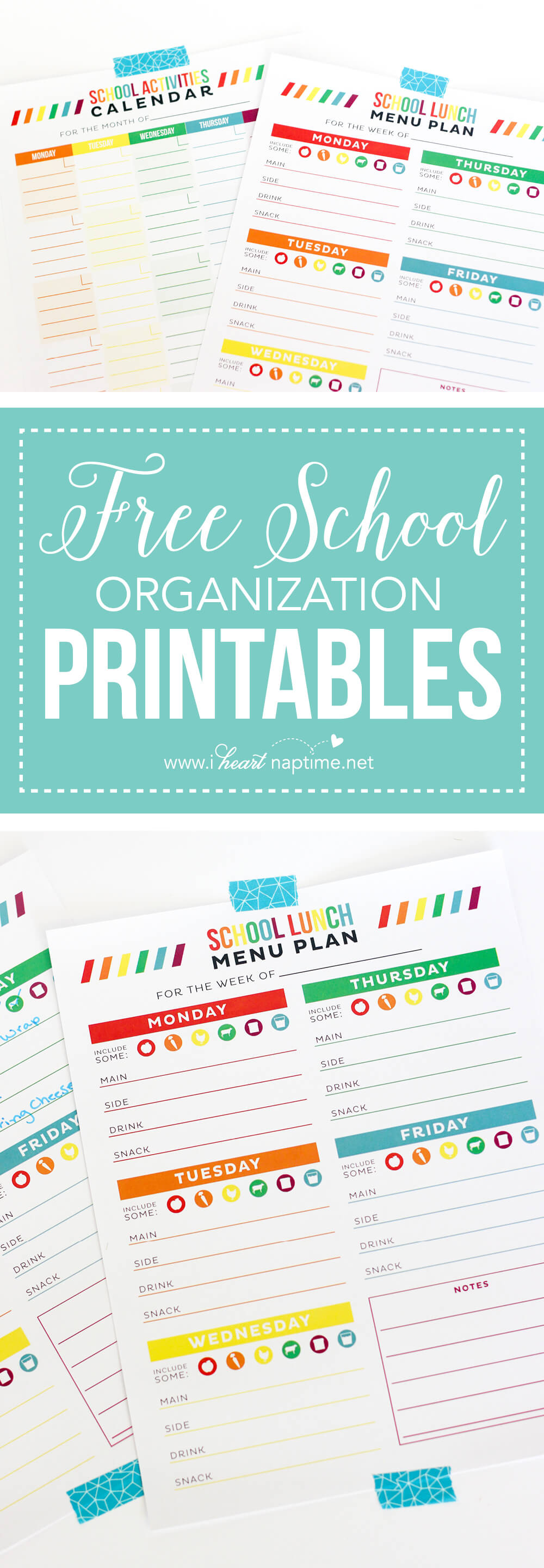 FREE School Organization Printables... print out these free planners to help you stay organized this school year! We have a free school lunch menu planner and a month-at-a-glance activities planner!