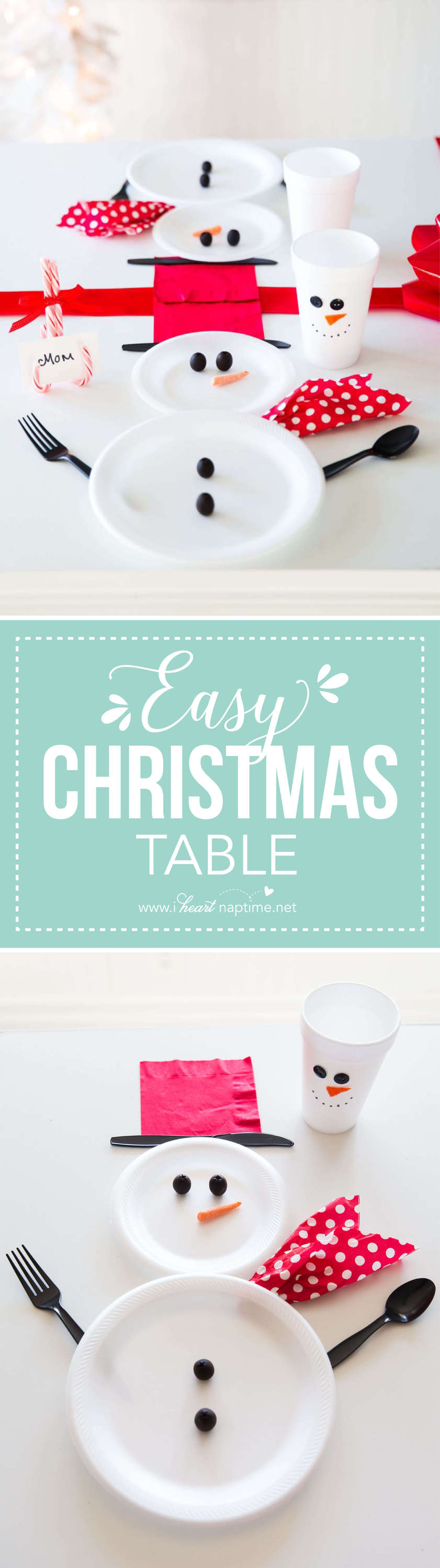 Wrapped Christmas Table and Snowman Plates... an easy and cute way to decorate your table for the holidays!