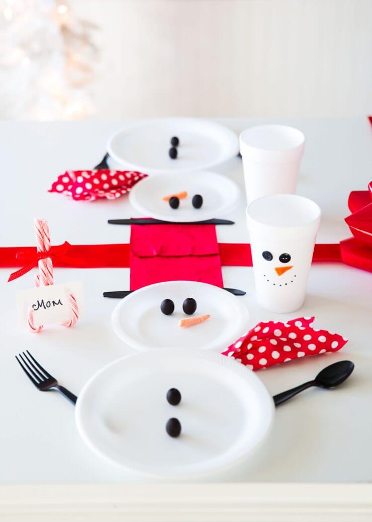 Wrapped Christmas Table and Snowman Plates... setting the table