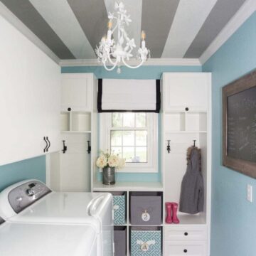 How to Paint a Striped Ceiling ... an unexpected striped ceiling in the laundry room is the perfect pop of surprise in a much-used room that helps making laundry more fun!