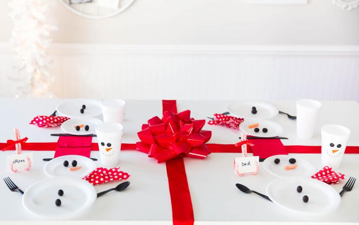Wrapped Christmas Table and Snowman Plates