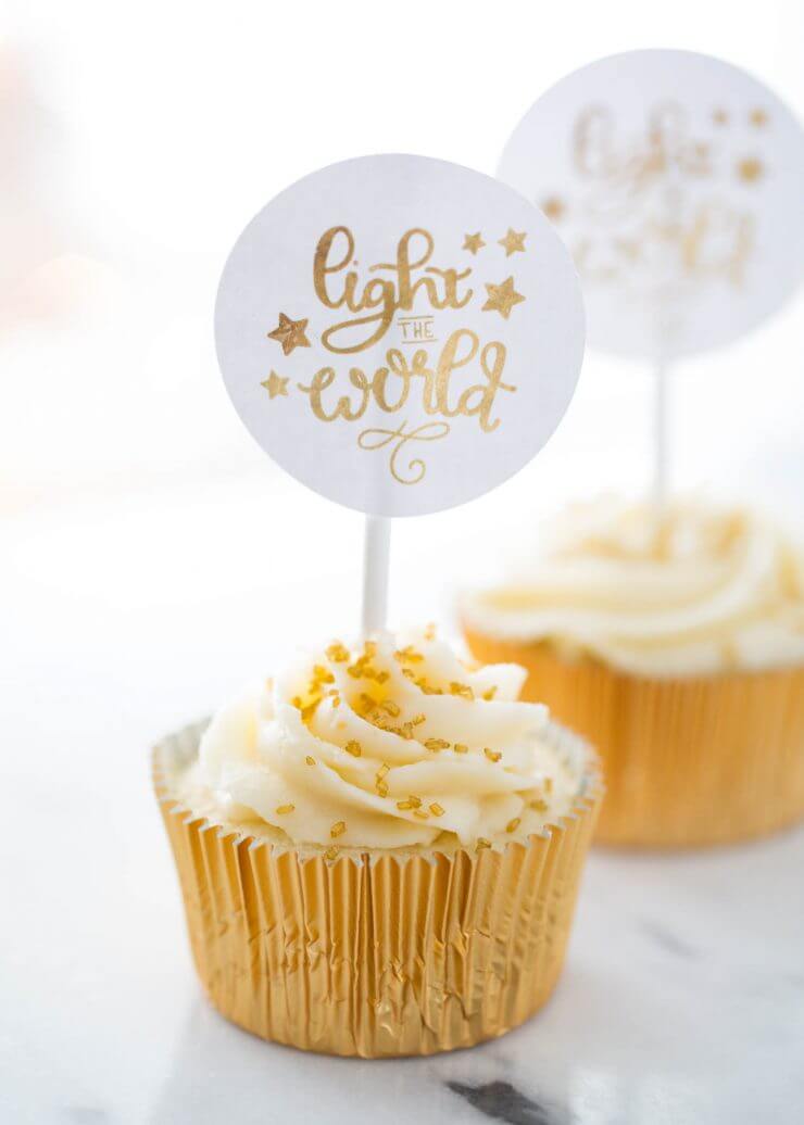 Light the World Designs... during this Christmas season, we participated in this wonderful initiative and it has been so valuable to focus on the true meaning of Christmas. Free printables for you to use, too! Light the World gold cupcakes.