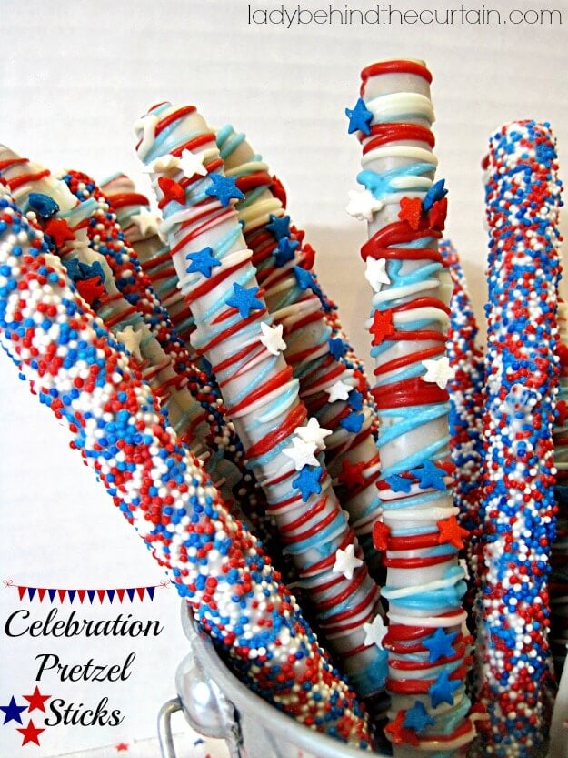 Celebration Pretzel Sticks + + 50 Festive Memorial Day BBQ Ideas...creative ways to kick-off summer and celebrate our freedom while remembering our fallen heroes!
