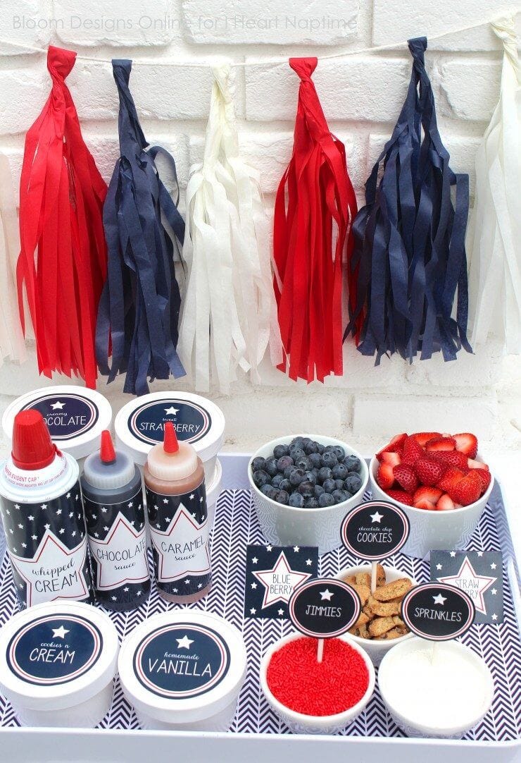 Patriotic Sundae Bar Printables + 50 Festive Memorial Day BBQ Ideas...creative ways to kick-off summer and celebrate our freedom while remembering our fallen heroes!