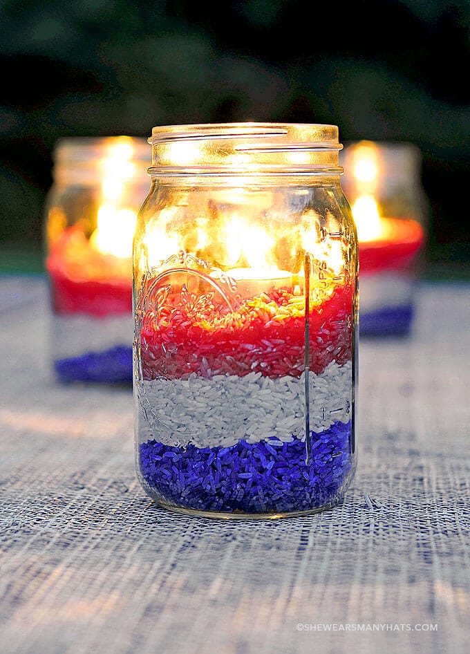 Red White Blue Rice Candle Centerpiece + 50 Festive Memorial Day BBQ Ideas...creative ways to kick-off summer and celebrate our freedom while remembering our fallen heroes!