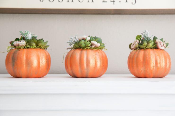 pumpkin succulents on mantel 