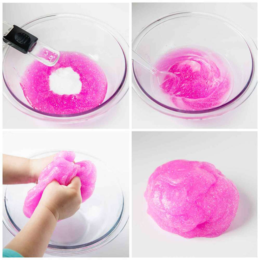making glitter slime in a glass bowl 