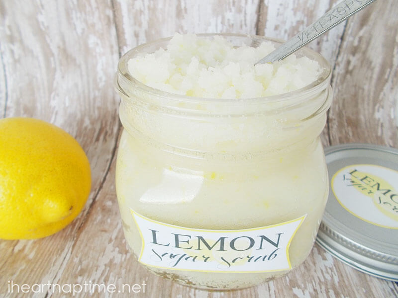 lemon sugar scrub in a jar with a label 