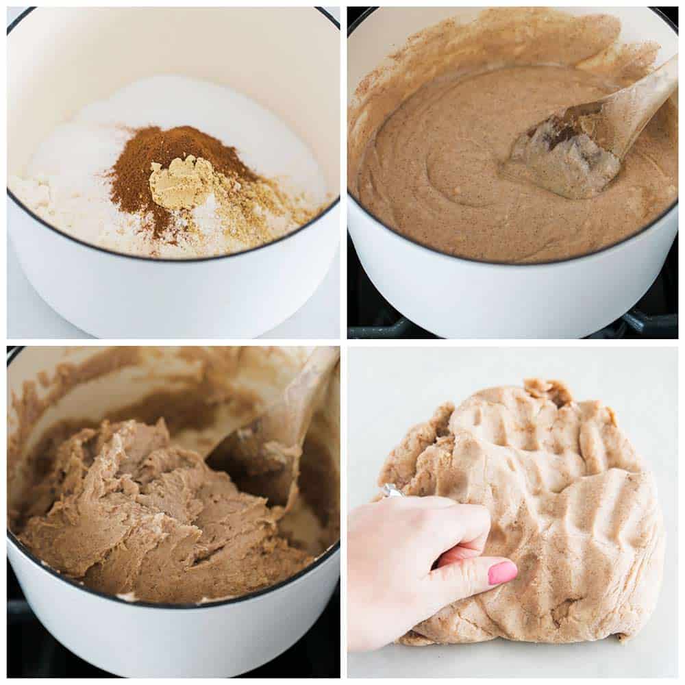 The perfect holiday craft for your little ones! Leave your house smelling like Christmas with this fun and inexpensive gingerbread playdough. making gingerbread play dough in white pot