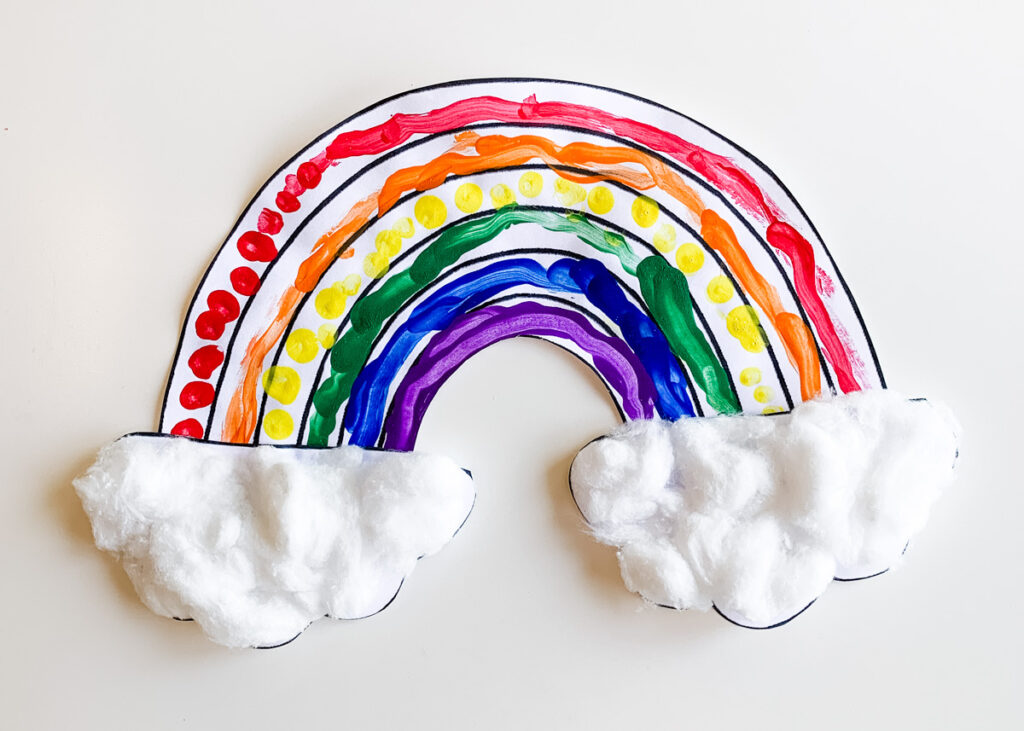 Rainbow coloring page with cotton ball clouds