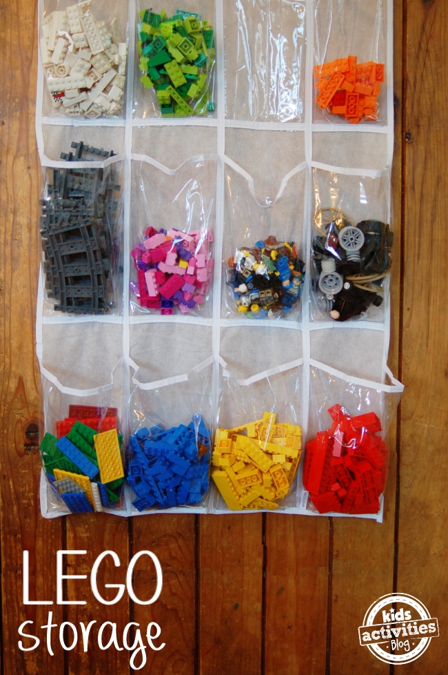 Legos in a shoe storage bag