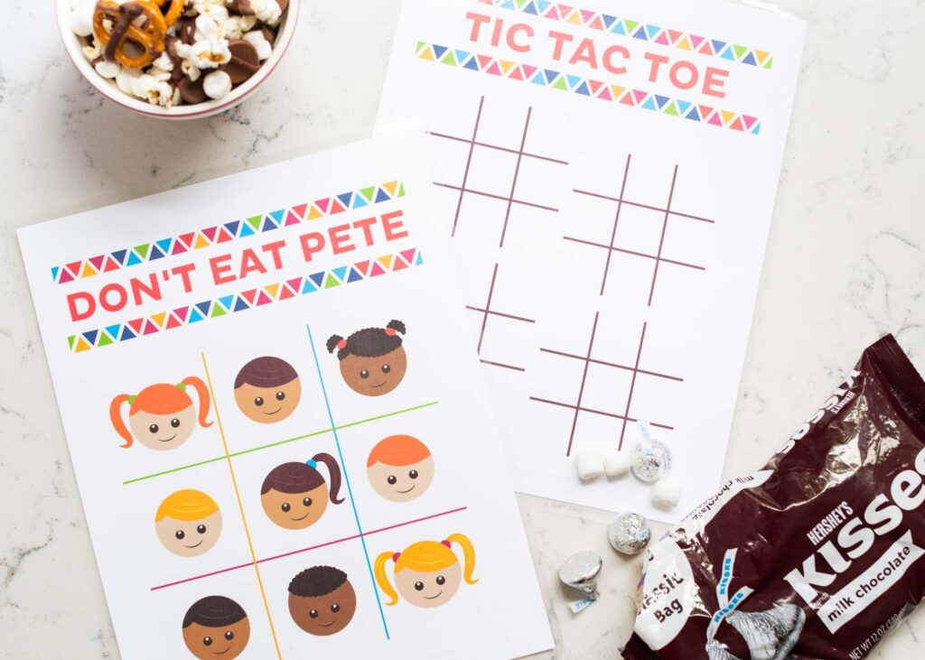 Don't Eat Pete and Tic Tac Toe printable on a White table with candy