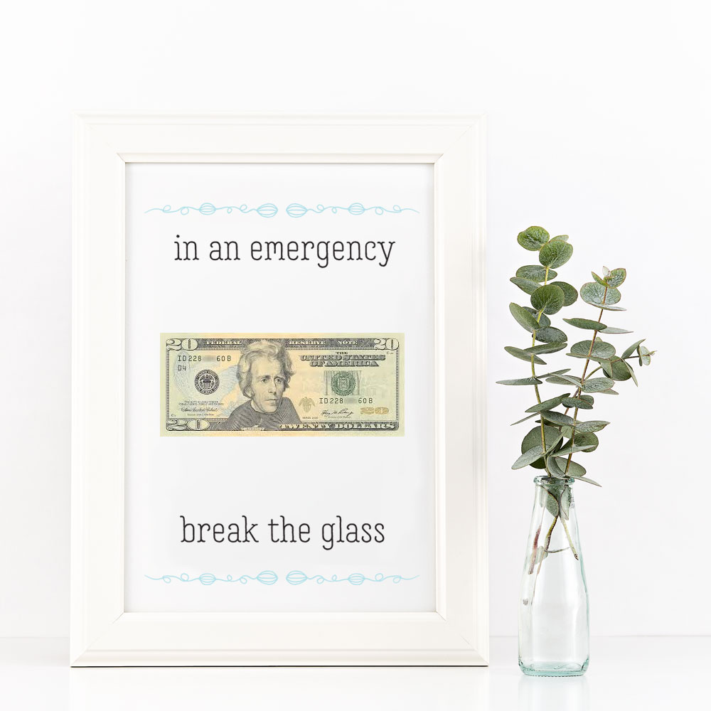 20 dollar bill in a glass frame