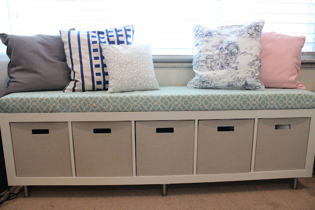 Ikea bookshelf transformed into a window bench