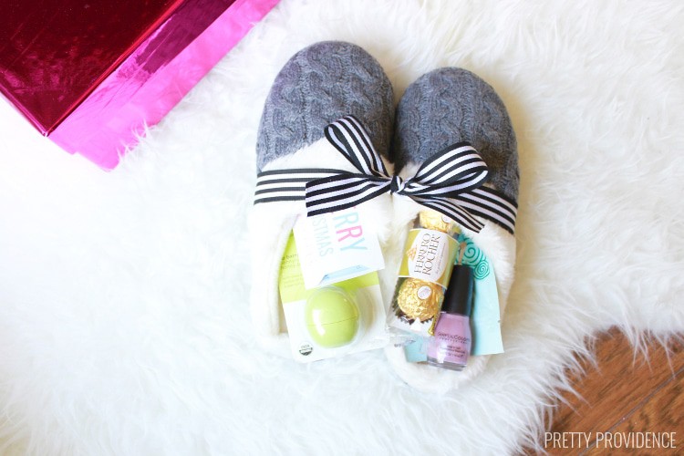 Slippers with chapstick, chocolate, and nail polish