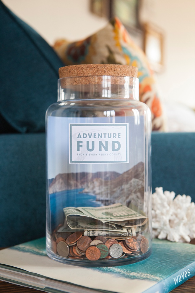 Travel fund jar on counter.